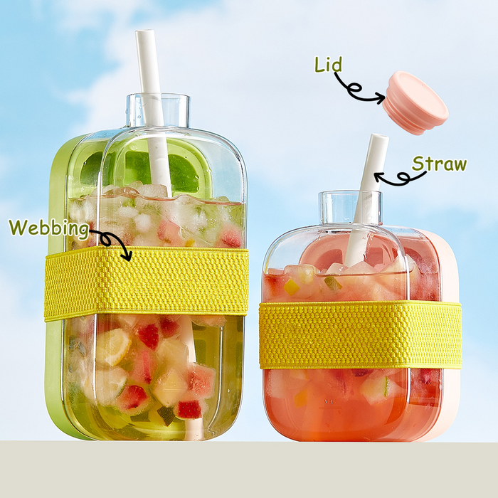 Two ChillMate bottles in Sage Green and Blush Pink filled with iced drinks